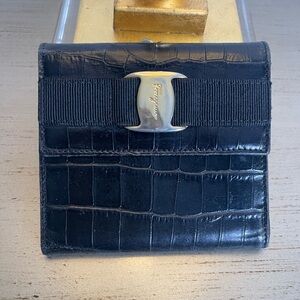 Salvatore Ferragamo Black Croc Embossed Wallet with gold hardware